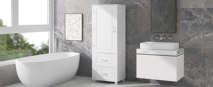 Tall bathroom storage cabinet with two drawers and adjustable shelves for independent storage