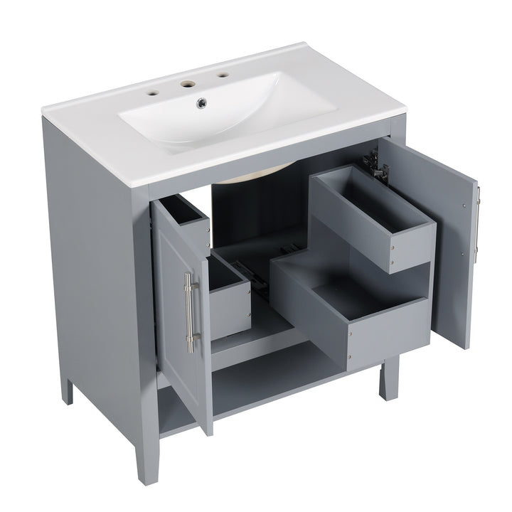 30" Bathroom Vanity with Sink, Multi-functional Bathroom Cabinet with Doors and Drawers, Solid Frame and MDF Board, Grey