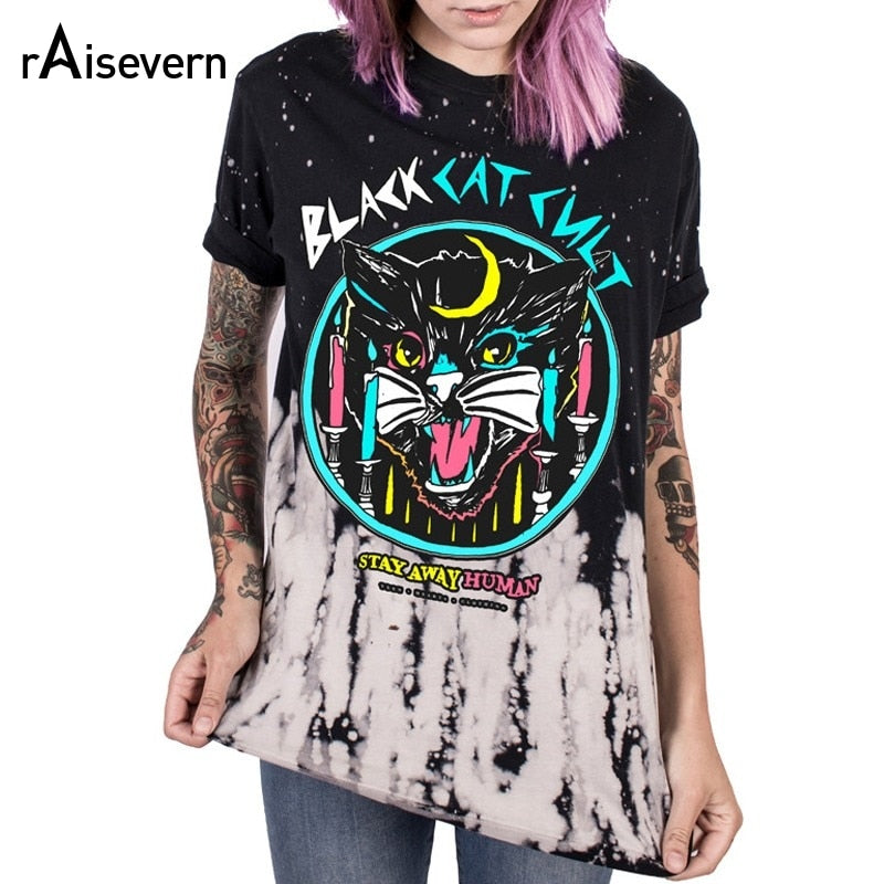 Woman’s Raisevern Stay Away Black Cat Cult Short Sleeve T-Shirt