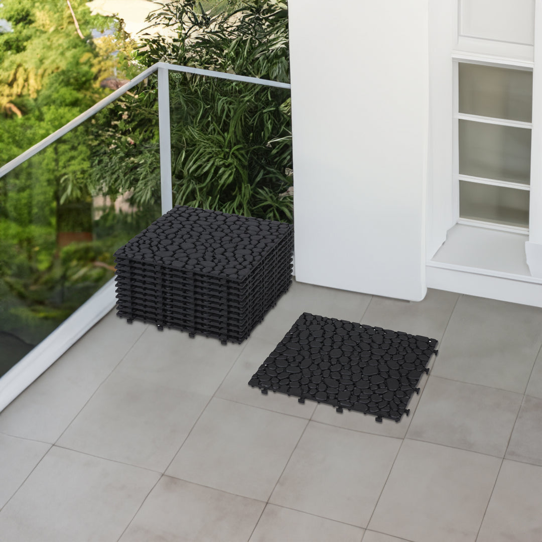 12x12 Inch Black Interlocking Waterproof Snap On Deck Tiles Pebble Pattern (Pack of 12)