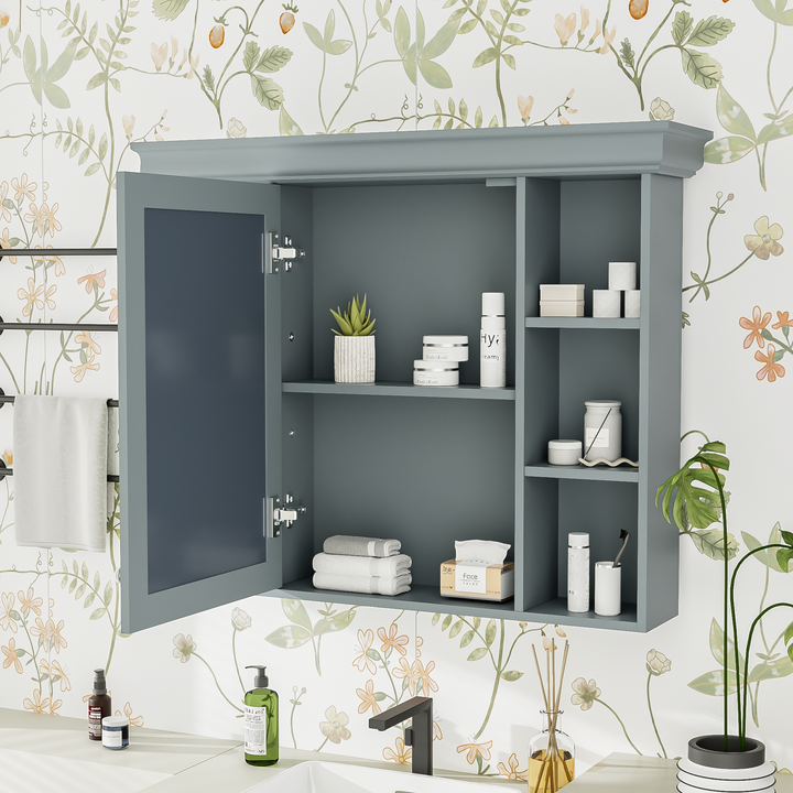 35 ''x 28' 'blue wall mounted bathroom storage cabinet with mirror door and medication cabinet with 6 open shelves