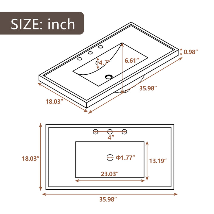 36 Inch Single White Basin Ceramic Bathroom Vanity Top With Predrilled Faucet Holes