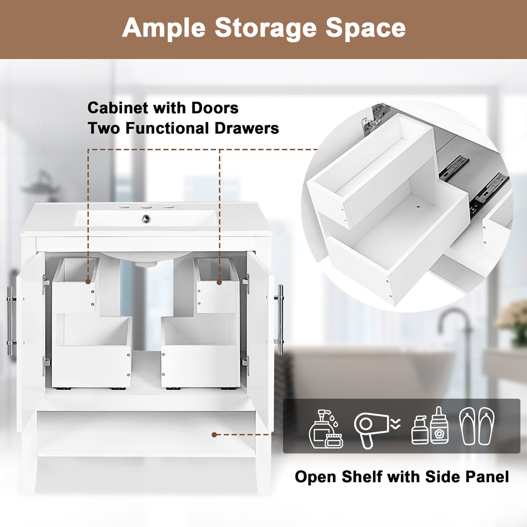 30" Bathroom Vanity with Sink  Multi-functional Bathroom Cabinet with Doors and Drawers Solid Frame and MDF Board, White