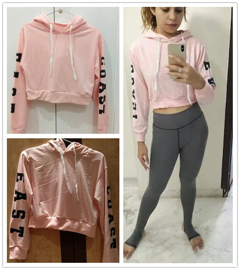 Sudadera con capucha corta con cordón de color rosa para mujer