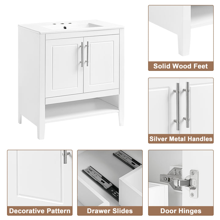 30" Bathroom Vanity with Sink  Multi-functional Bathroom Cabinet with Doors and Drawers Solid Frame and MDF Board, White