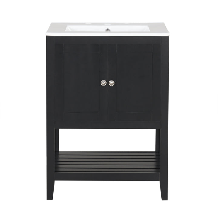 24 inch Modern Black Bathroom Cabinet With Ceramic Sink & Solid Wood Frame