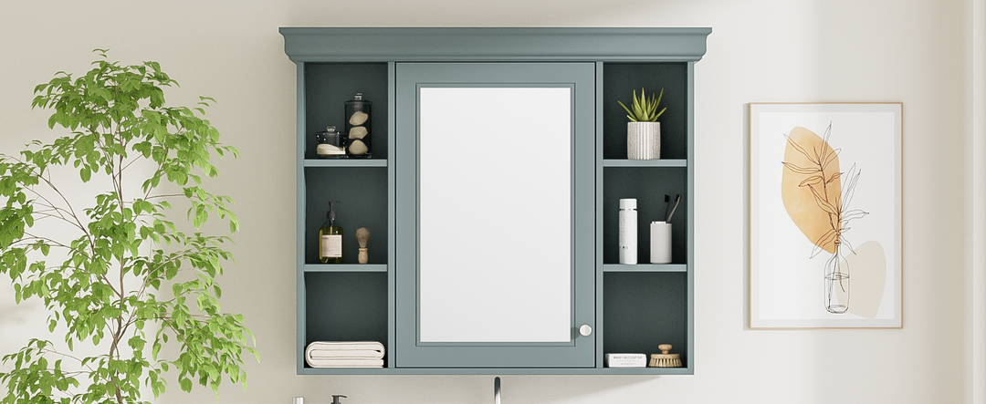 35 ''x 28' 'blue wall mounted bathroom storage cabinet with mirror door and medication cabinet with 6 open shelves