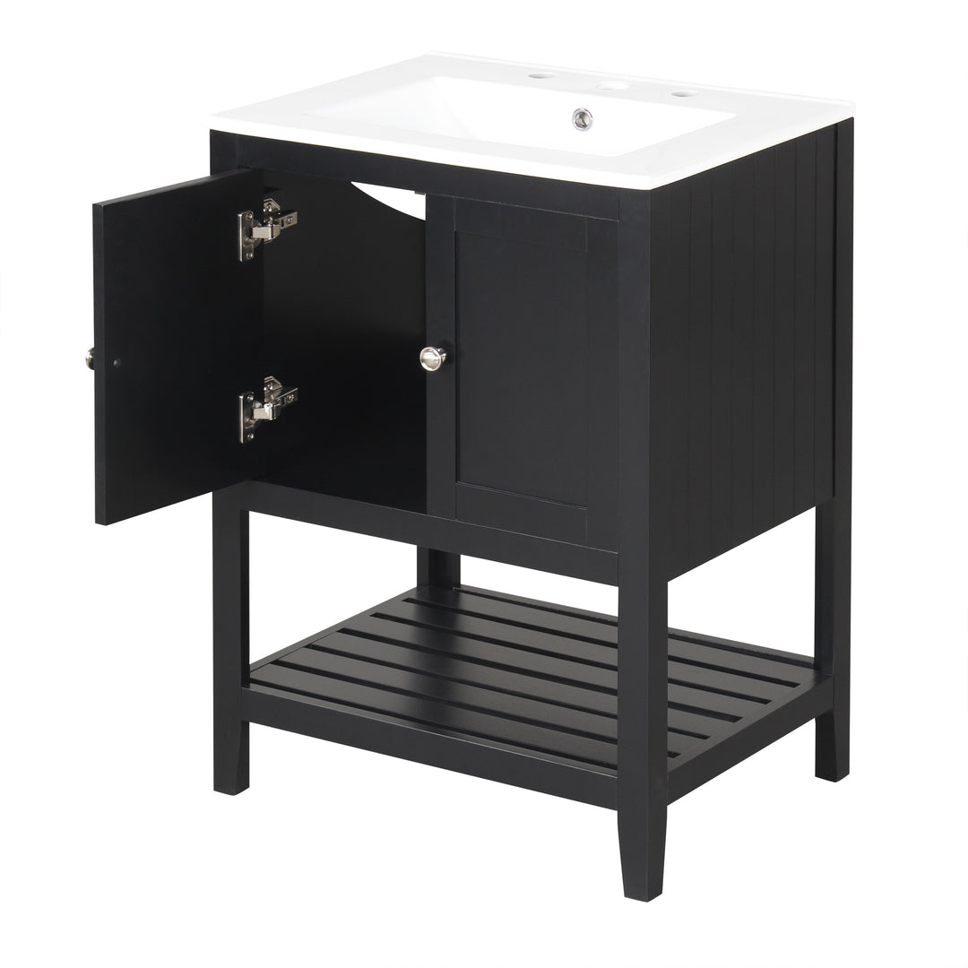 24 inch Modern Black Bathroom Cabinet With Ceramic Sink & Solid Wood Frame