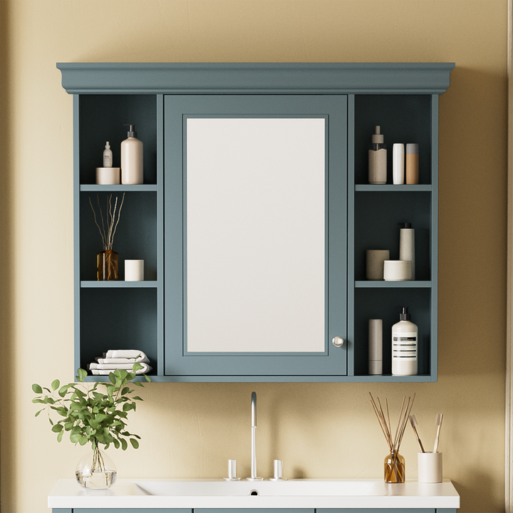 35 ''x 28' 'blue wall mounted bathroom storage cabinet with mirror door and medication cabinet with 6 open shelves