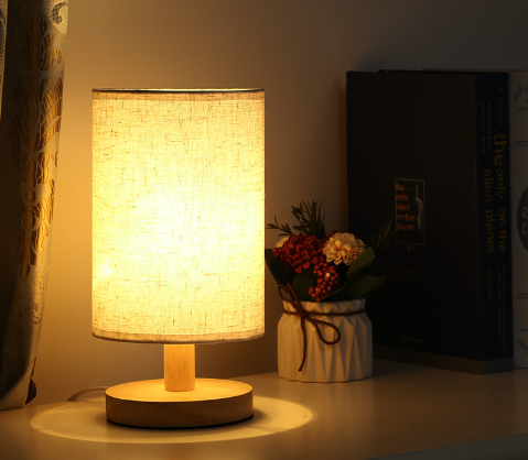 Linen Table Lamp LED Linen Night Lamp w/Warm White Light Linen Nightstand Lamp USB Powered Wooden Beside Lamp