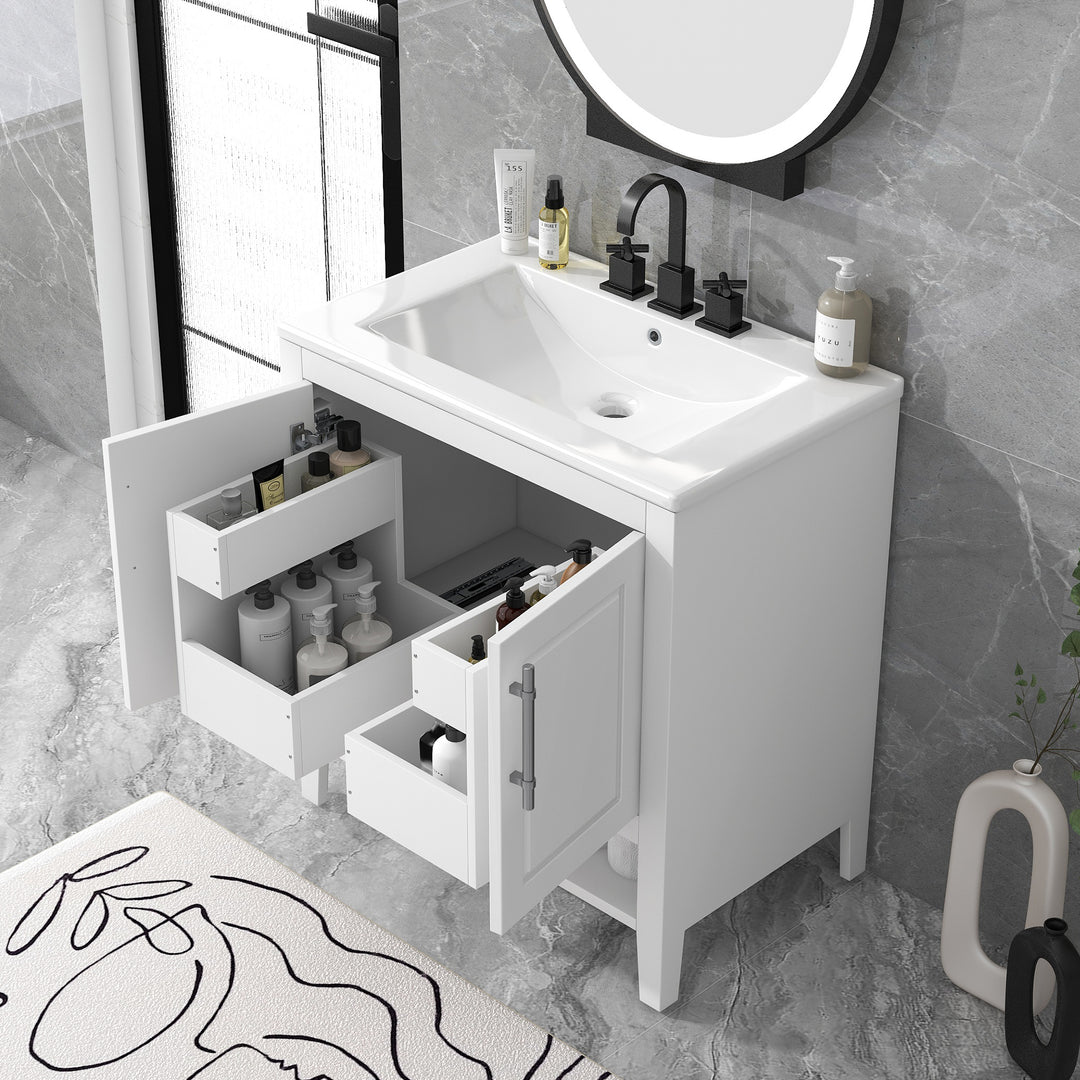 30" Bathroom Vanity with Sink  Multi-functional Bathroom Cabinet with Doors and Drawers Solid Frame and MDF Board, White