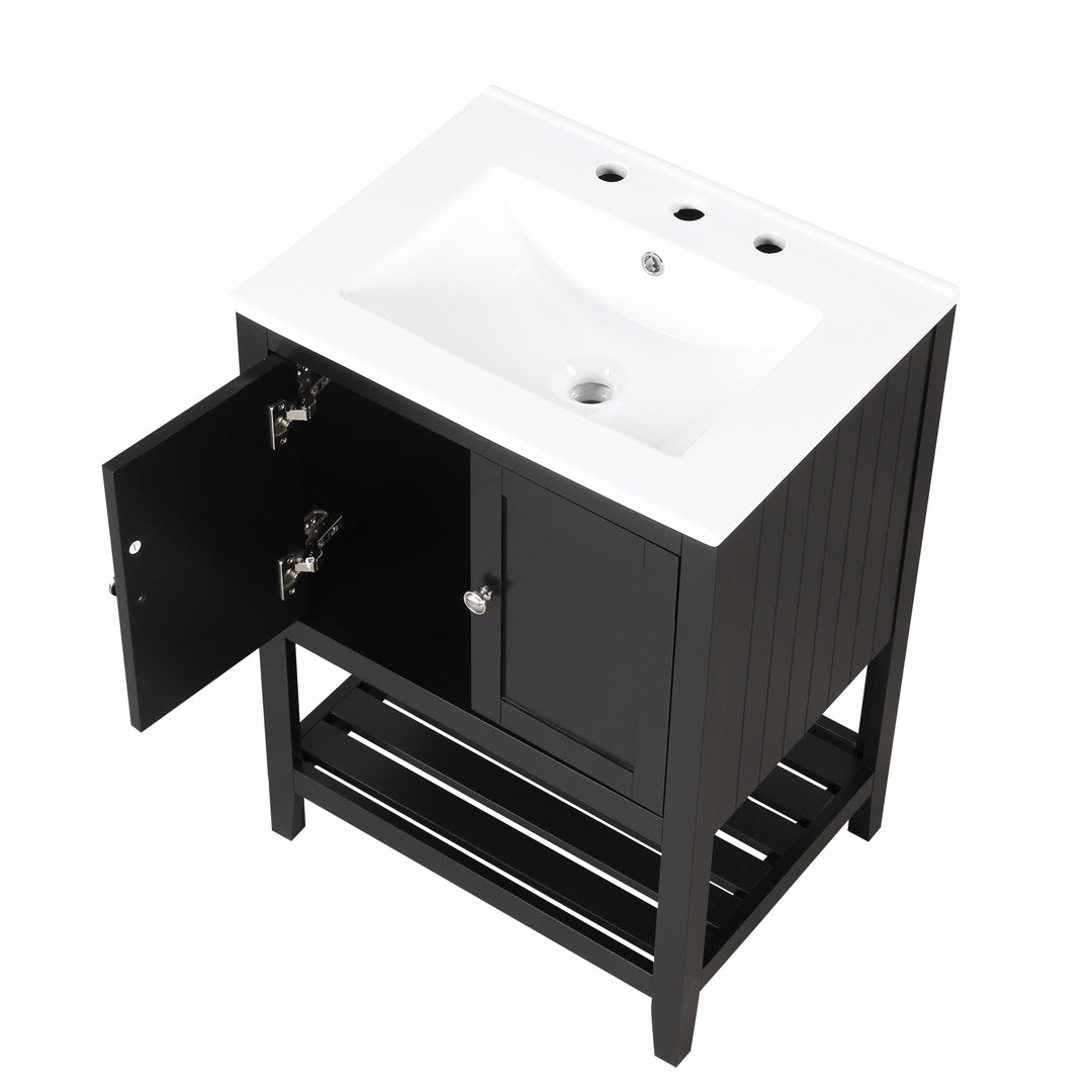 24 inch Modern Black Bathroom Cabinet With Ceramic Sink & Solid Wood Frame