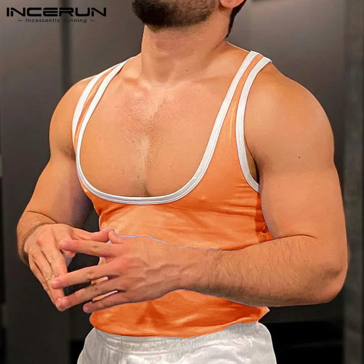 INCERUN Men Tank Tops Patchwork O-neck Sleeveless Streetwear 2024 Male Vests Fitness Summer Fashion Casual Men Clothing S-5XL