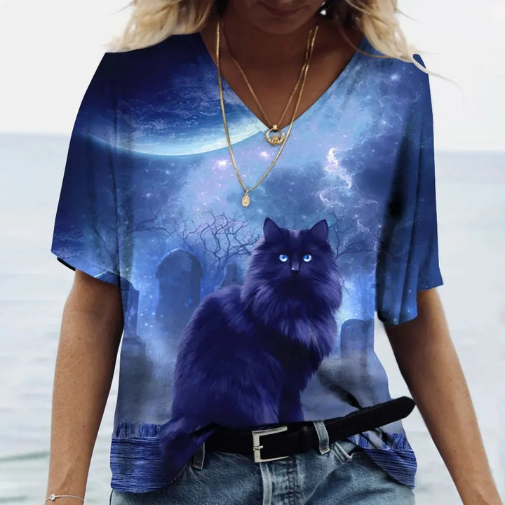 Fashion Women's T-shirt Cat Printed Short Sleeve Female Harajuku Tees Ladies T Shirt Oversized V-neck Tops Animal Women Clothing