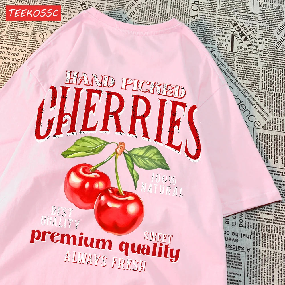 Fashion Cotton Women'S T-Shirts Hand Picked Cherries Printing Tops Oversize Crewneck Soft Short Sleeve Street Female Clothes