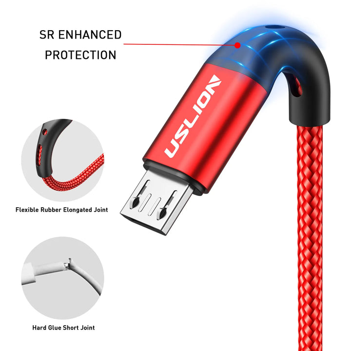 USLION 3A Micro USB Cable Fast Charge USB Data Cable Cord for Samsung S6 Xiaomi Redmi Android Micro usb Cable Mobile Phone Red