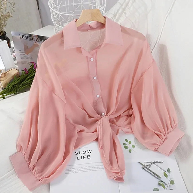 Casual Loose Hollow White Clothes Elegant Solid Color Tied Waist Blouse Women Summer Bat Half Sleeve Button Chiffon Shirt 9776