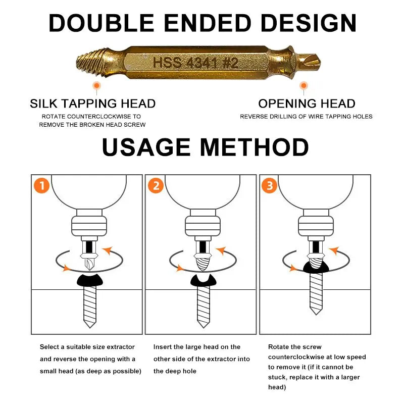 6pc HSS Extractor Double Head Screw Slide Tooth Removal Screwdriver Screwdriver Bit Broken Wire Tool Set