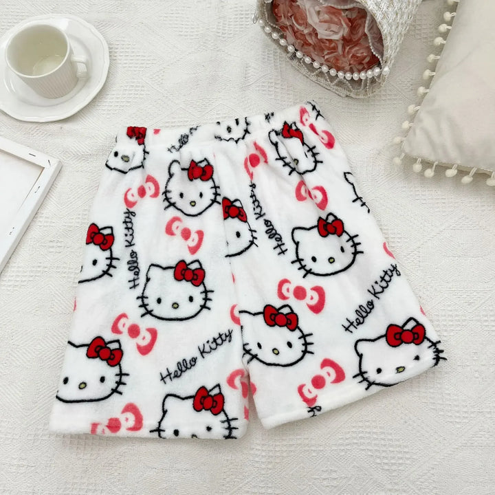 Sanrio Hello Kitty Y2k Kawaii Anime Flannel Pajamas Women'S Warm Woolen Cartoon Casual Home Pants Autumn Winter Fashion Trousers