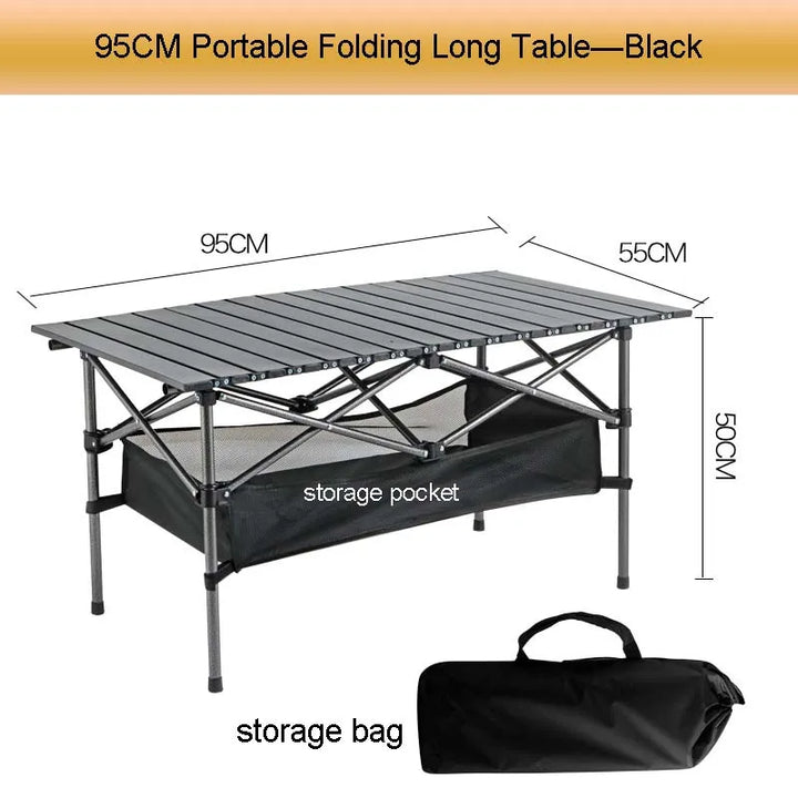 Outdoor Folding Long Table Portable Storage Black Camping Desk Barbecue Easy To Install With Net Bag Light Stable