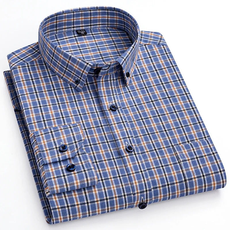 S~7Xl Large Size Men's Classic Brushed Plaid Long-Sleeved Shirt High-Quality Pure Cotton Casual All-Match Shirt Men's Clothing