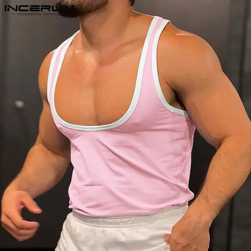 INCERUN Men Tank Tops Patchwork O-neck Sleeveless Streetwear 2024 Male Vests Fitness Summer Fashion Casual Men Clothing S-5XL