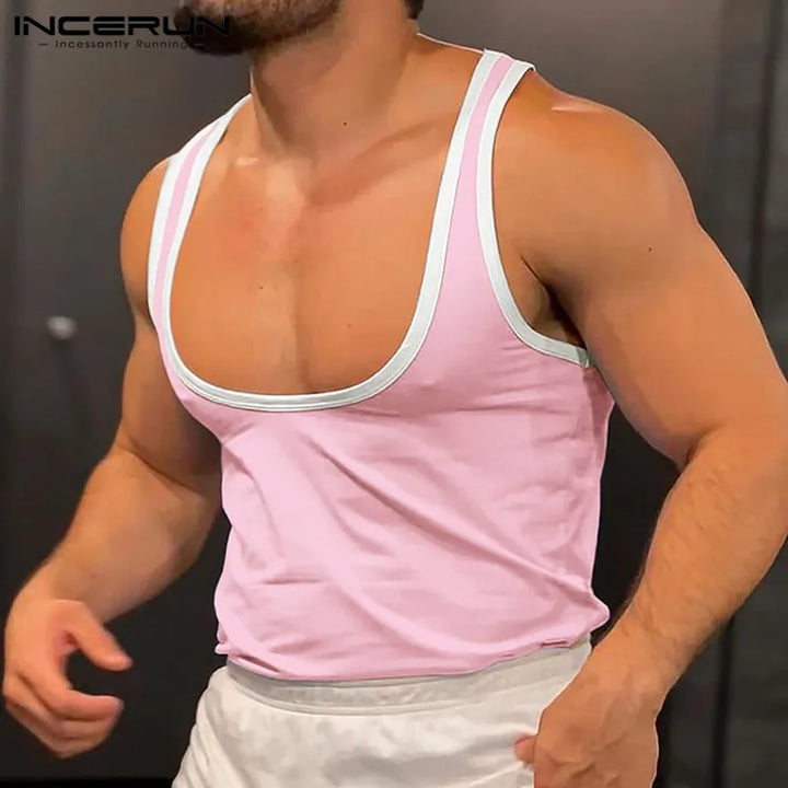 INCERUN Men Tank Tops Patchwork O-neck Sleeveless Streetwear 2024 Male Vests Fitness Summer Fashion Casual Men Clothing S-5XL