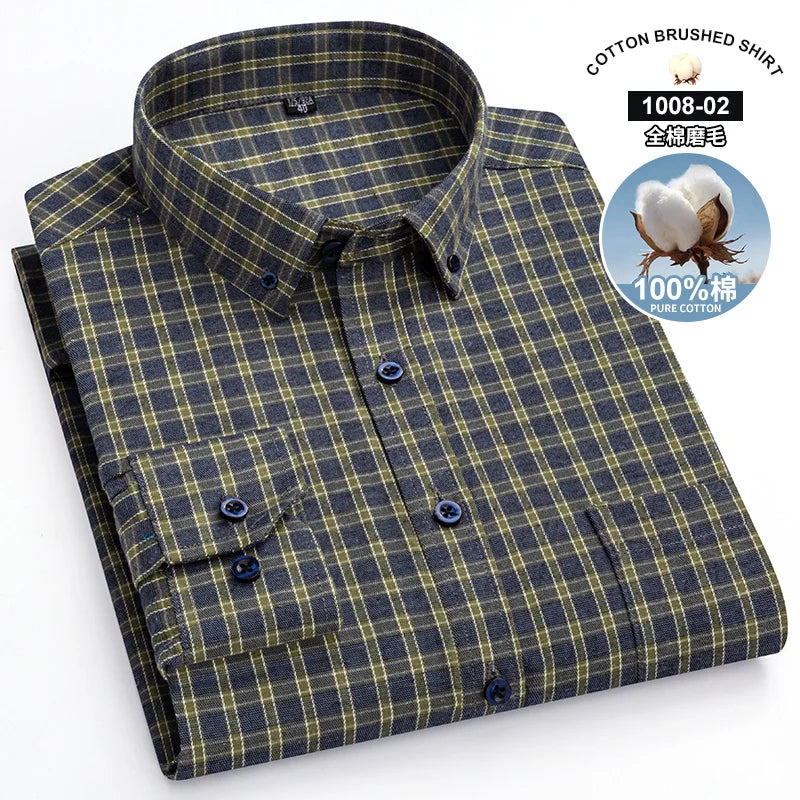 S~7Xl Large Size Men's Classic Brushed Plaid Long-Sleeved Shirt High-Quality Pure Cotton Casual All-Match Shirt Men's Clothing