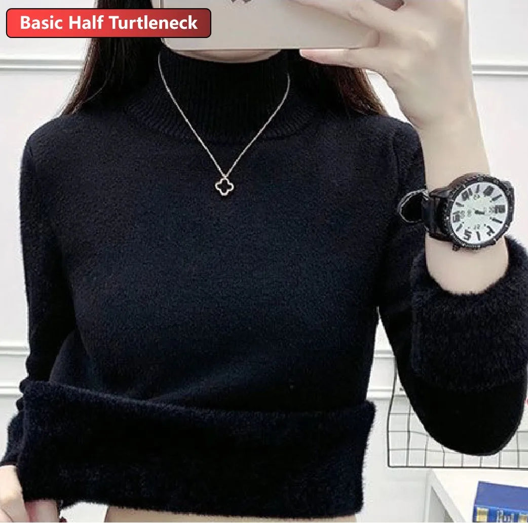 Turtleneck Winter Sweater Women Elegant Thicken Velvet Lined Warm Sueter Knitted Pullover Slim Tops Jersey Knitwear Jumper New