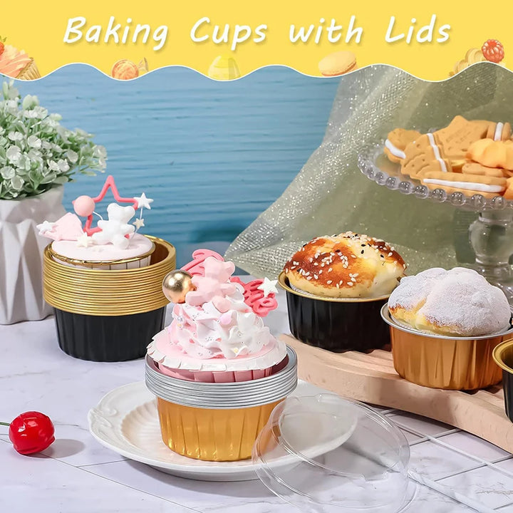 50Pcs Disposable Mini Baking Cups Aluminium Foil Cake Pans With Lids Spoons Heat Resistant Muffin Cake Cup For Gatherings Party