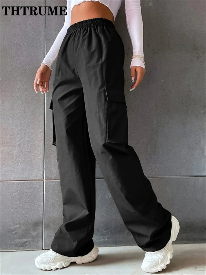 High Street Vintage Pants Fashion Solid High Elastic Waist Pocket Straight Cargo Pant Casual Office Lady Streetwear Y2K Trousers