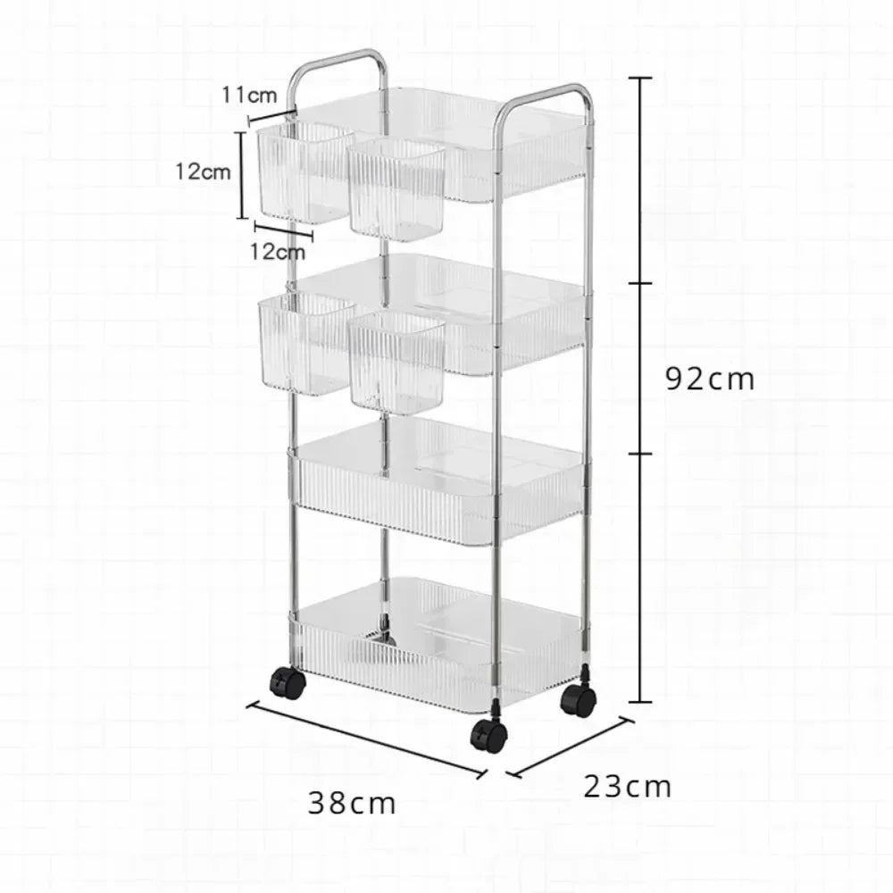 Transparent Storage Rack Trolley Transparent Acrylic Rolling Cart with Hanging Basket Bathroom Acrylic Makeup Bookshelf