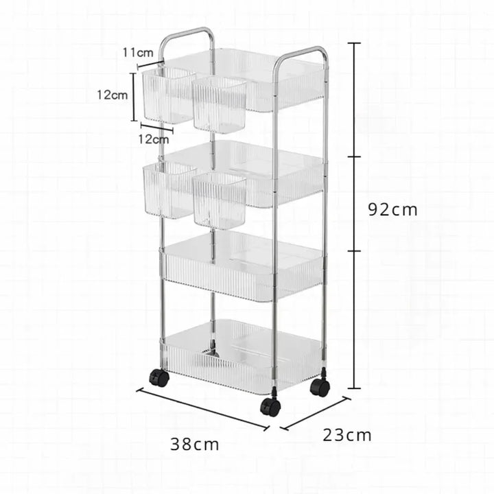 Transparent Storage Rack Trolley Transparent Acrylic Rolling Cart with Hanging Basket Bathroom Acrylic Makeup Bookshelf