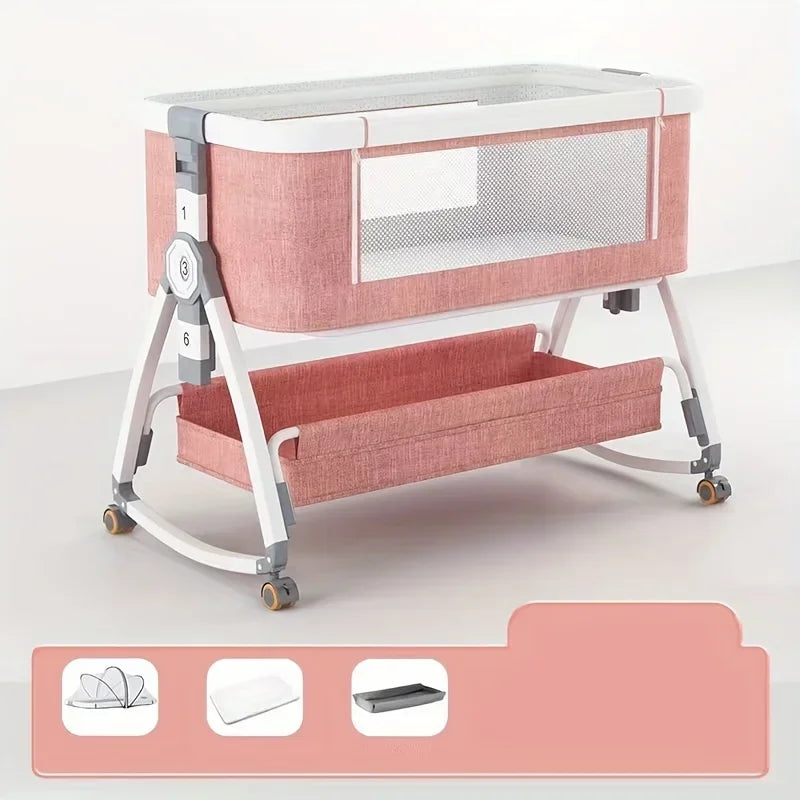 Foldable Baby Crib, Movable Baby Rocking Bed, Spliced Large Bed, Multifunctional, Foldable, Adjustable Height, Spliced