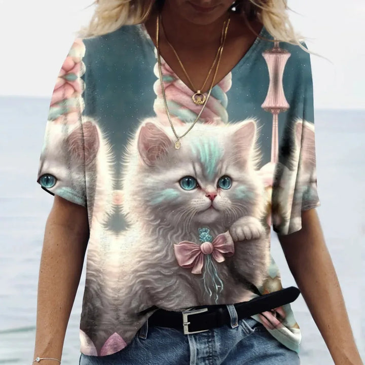 Fashion Women's T-shirt Cat Printed Short Sleeve Female Harajuku Tees Ladies T Shirt Oversized V-neck Tops Animal Women Clothing