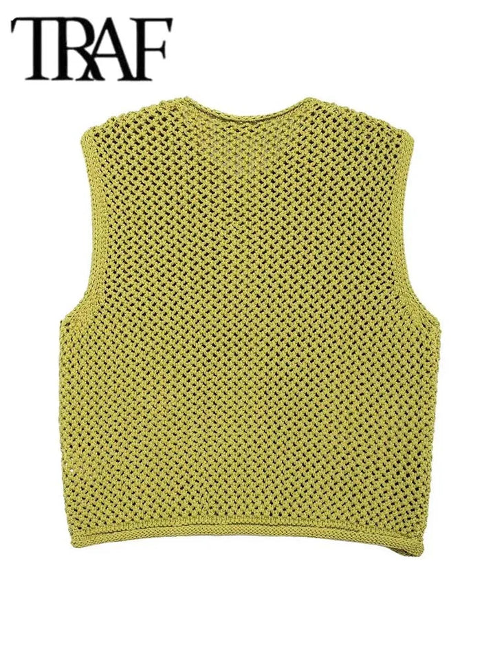 TRAF Women Fashion Sleeveless Coarse Needle Knitting Vest Sweater Female Chic Big Pockets Patch Buttons Cardigan Waistcoat Tops