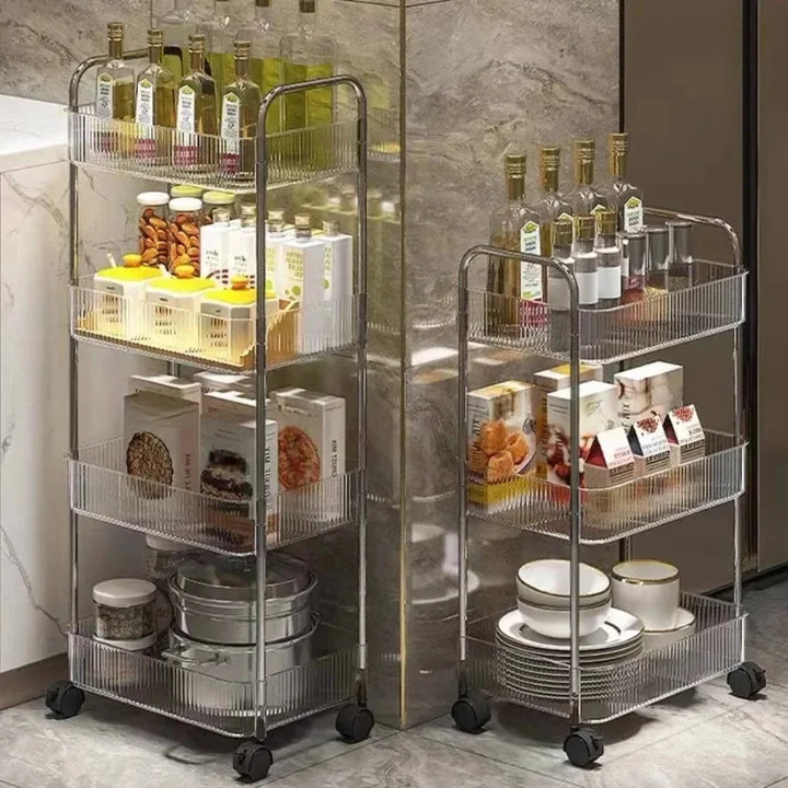 Transparent Storage Rack Trolley Transparent Acrylic Rolling Cart with Hanging Basket Bathroom Acrylic Makeup Bookshelf