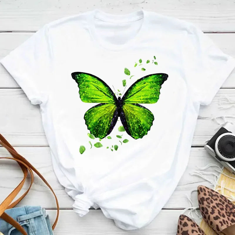 Women's Colorful Butterfly Petal Print T-Shirt, Short Sleeve, Round Neck, Cute Graphic Tee Shirts, Female Tops Clothes