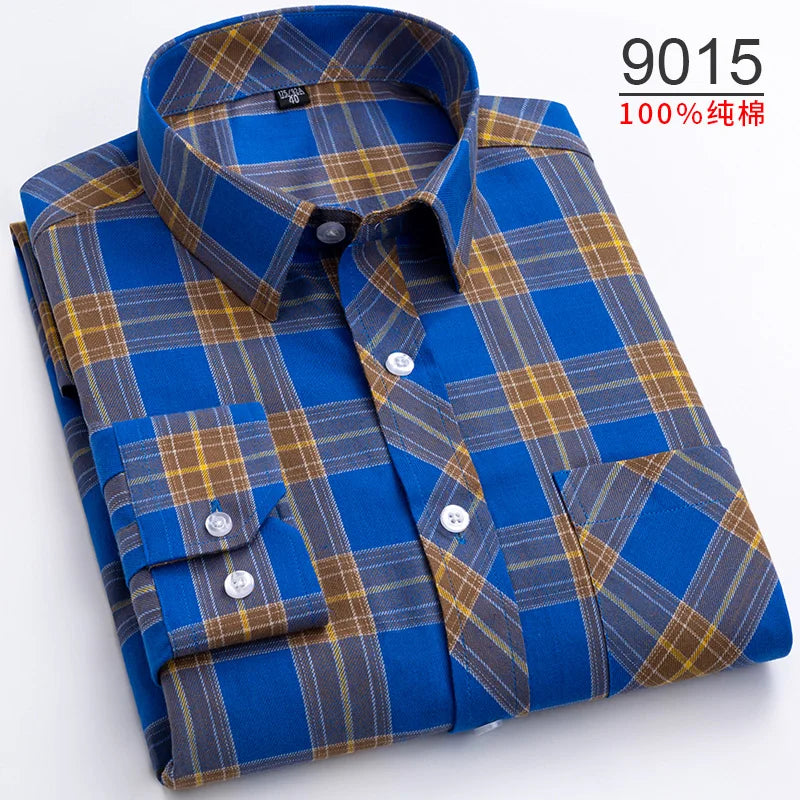 Plus Size S-8XL Men's Plaid Shirt Long Sleeve 100% Cotton Casual Slim Buttons Business Social Dress Shirts Blouse Men Clothing