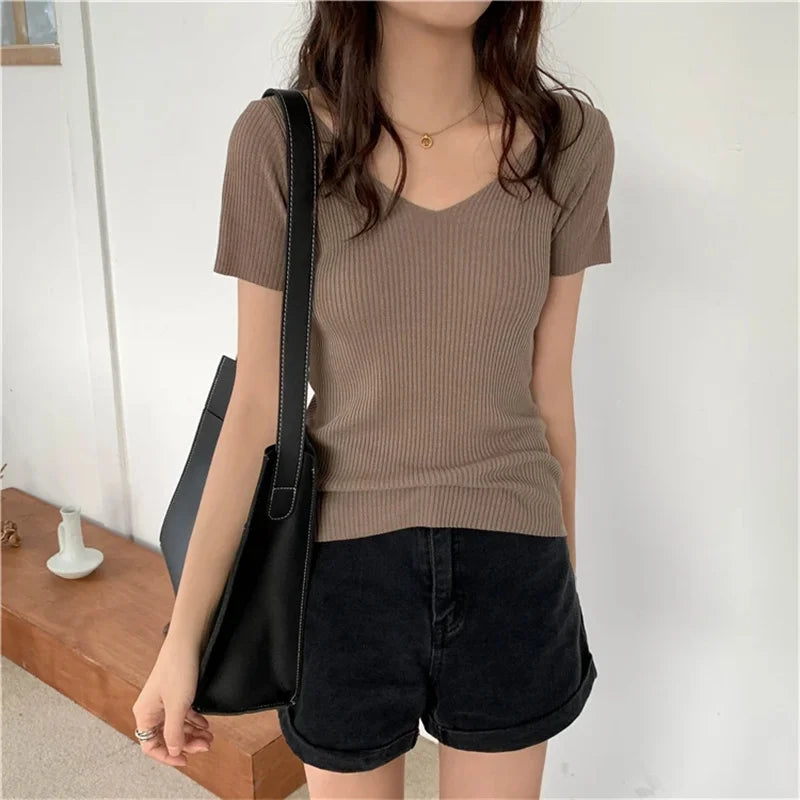 Basic V-neck Solid Thin Summer Pullover Women Female Knitted Ribbed Sweater Slim Short Sleeve Bodycon Sweater