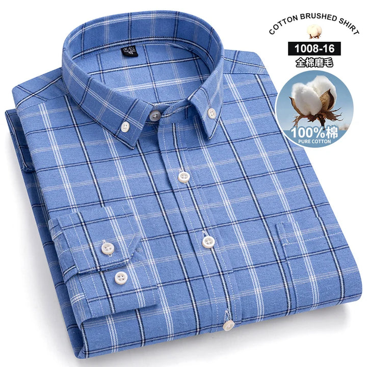 S~7Xl Large Size Men's Classic Brushed Plaid Long-Sleeved Shirt High-Quality Pure Cotton Casual All-Match Shirt Men's Clothing