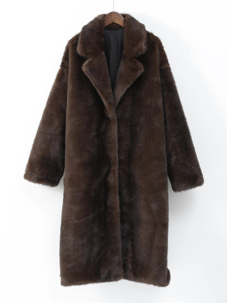 Women's Dark Brown Long  Faux Fur Coat Button Down Warm Oversized Thickened Overcoat Winter Jacket Fluffy Plush Female Outerwear