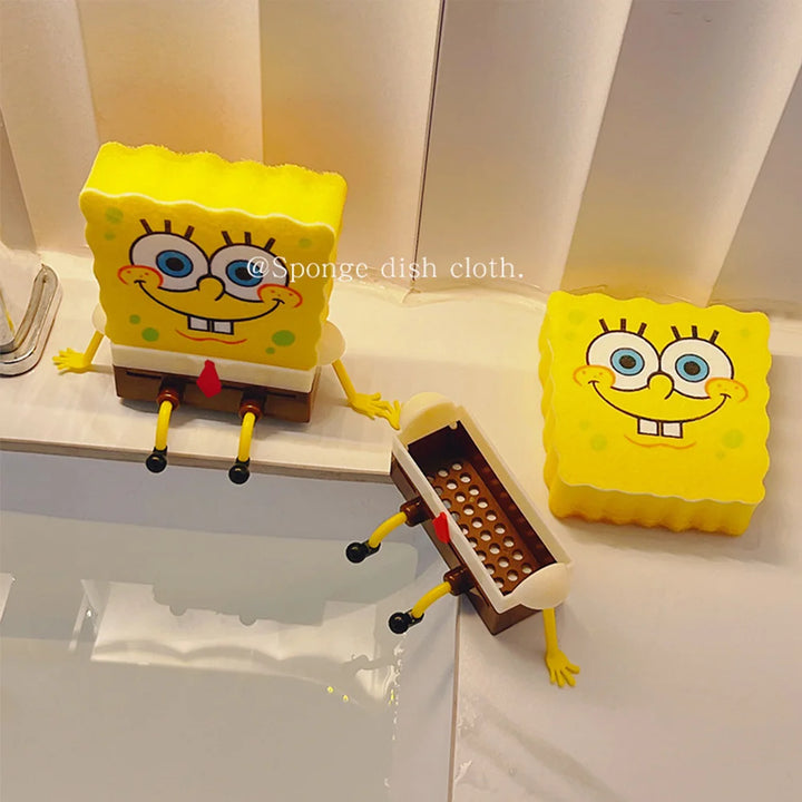 SpongeBob SquarePants Sponge Brush Dish Washing Brush Drain Rack Kitchen Supplies Reusable Cleaning Tool Scrub Scouring Pad Gift