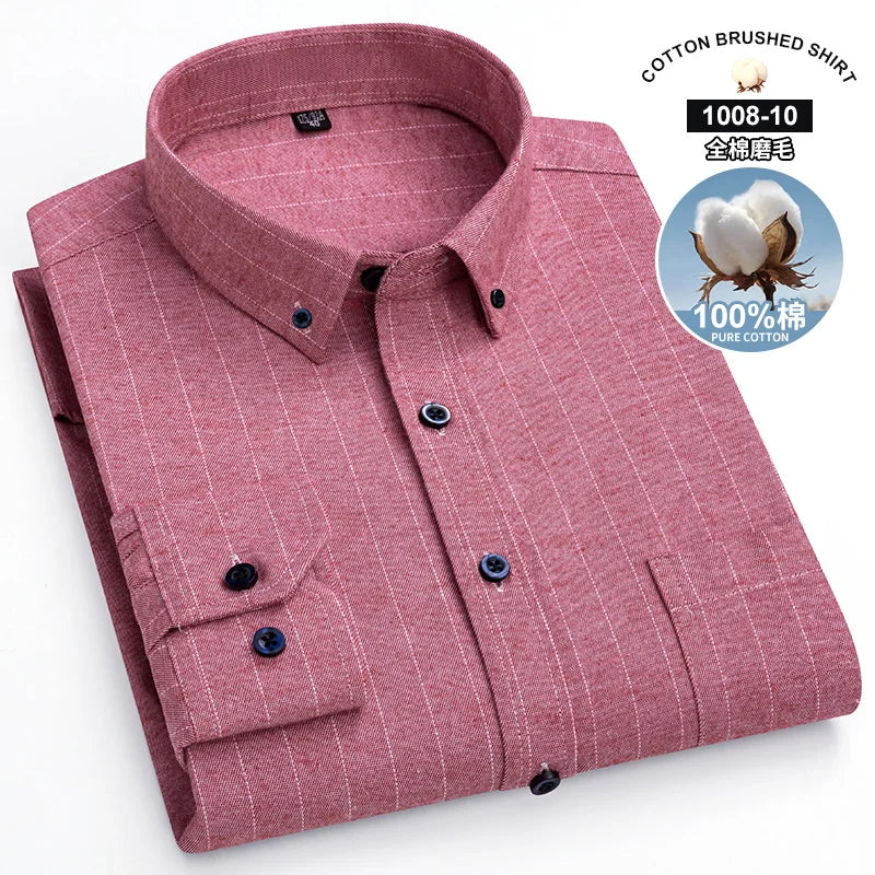 S~7Xl Large Size Men's Classic Brushed Plaid Long-Sleeved Shirt High-Quality Pure Cotton Casual All-Match Shirt Men's Clothing