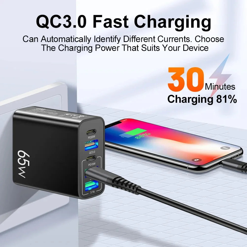 PD 20W USB Fast Charger 5Ports Total 65W USB C Charger Quick Charge 3.0Phone Adapter For iPhone15Pro Samsung Xiaomi Wall Charger