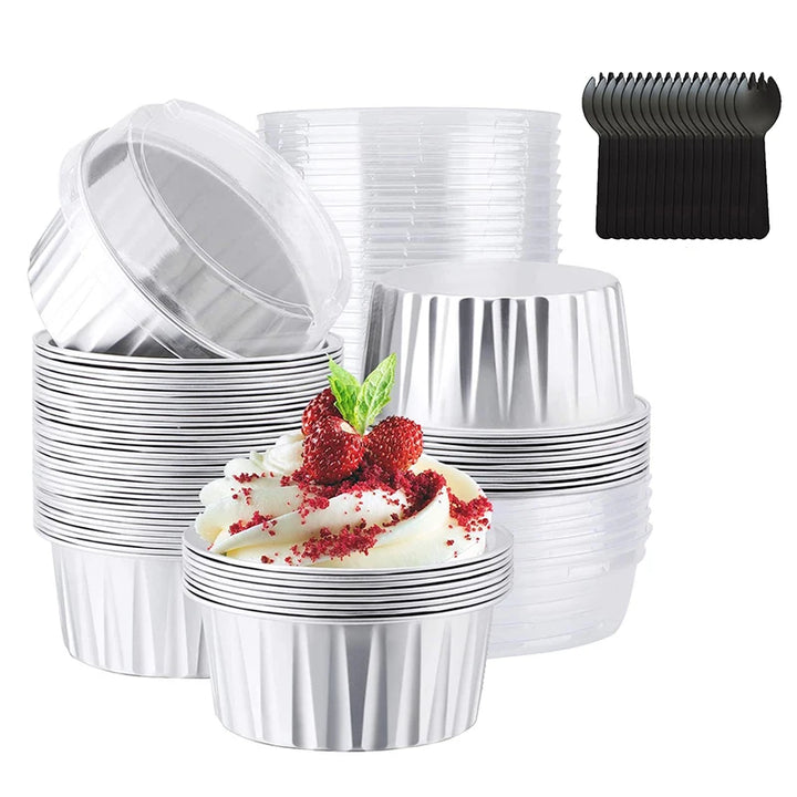 50Pcs Disposable Mini Baking Cups Aluminium Foil Cake Pans With Lids Spoons Heat Resistant Muffin Cake Cup For Gatherings Party