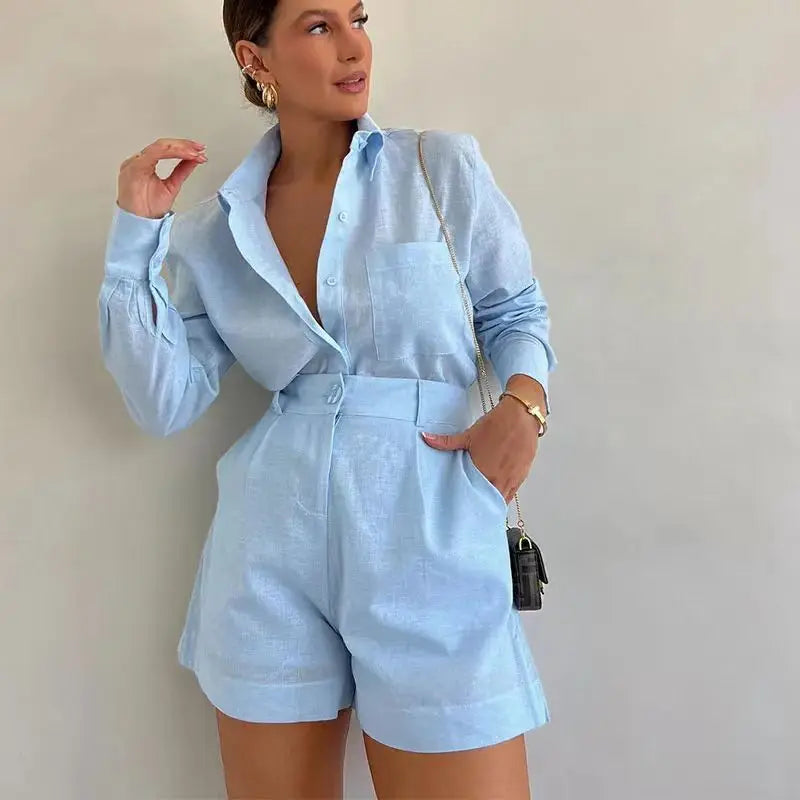 Women Summer Shorts Sets Long Sleeve Blouses with Short Pants 2 Pieces Set Lightweight Shirts Tracksuit Casual Loose Outfits