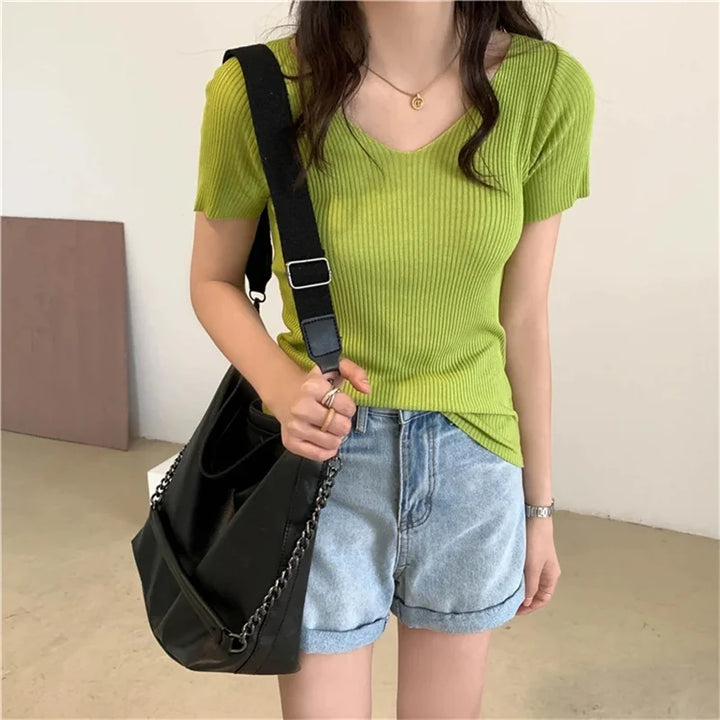 Basic V-neck Solid Thin Summer Pullover Women Female Knitted Ribbed Sweater Slim Short Sleeve Bodycon Sweater