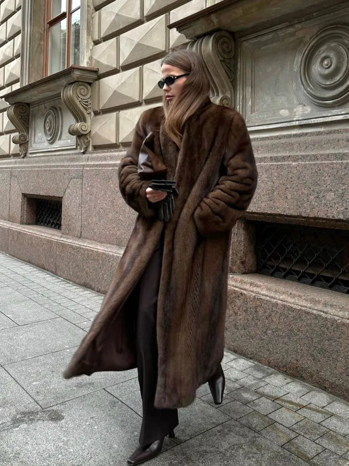 Women's Dark Brown Long  Faux Fur Coat Button Down Warm Oversized Thickened Overcoat Winter Jacket Fluffy Plush Female Outerwear