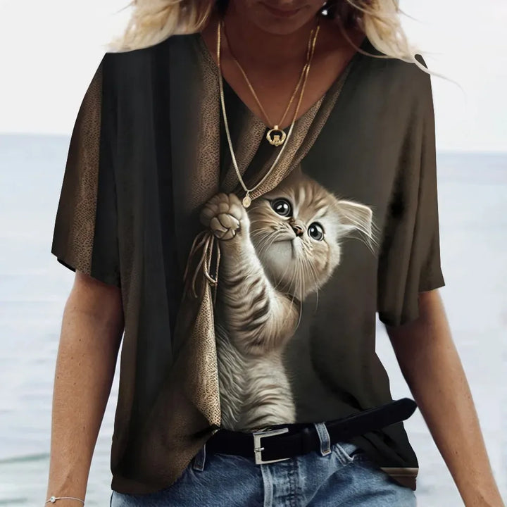 Fashion Women's T-shirt Cat Printed Short Sleeve Female Harajuku Tees Ladies T Shirt Oversized V-neck Tops Animal Women Clothing